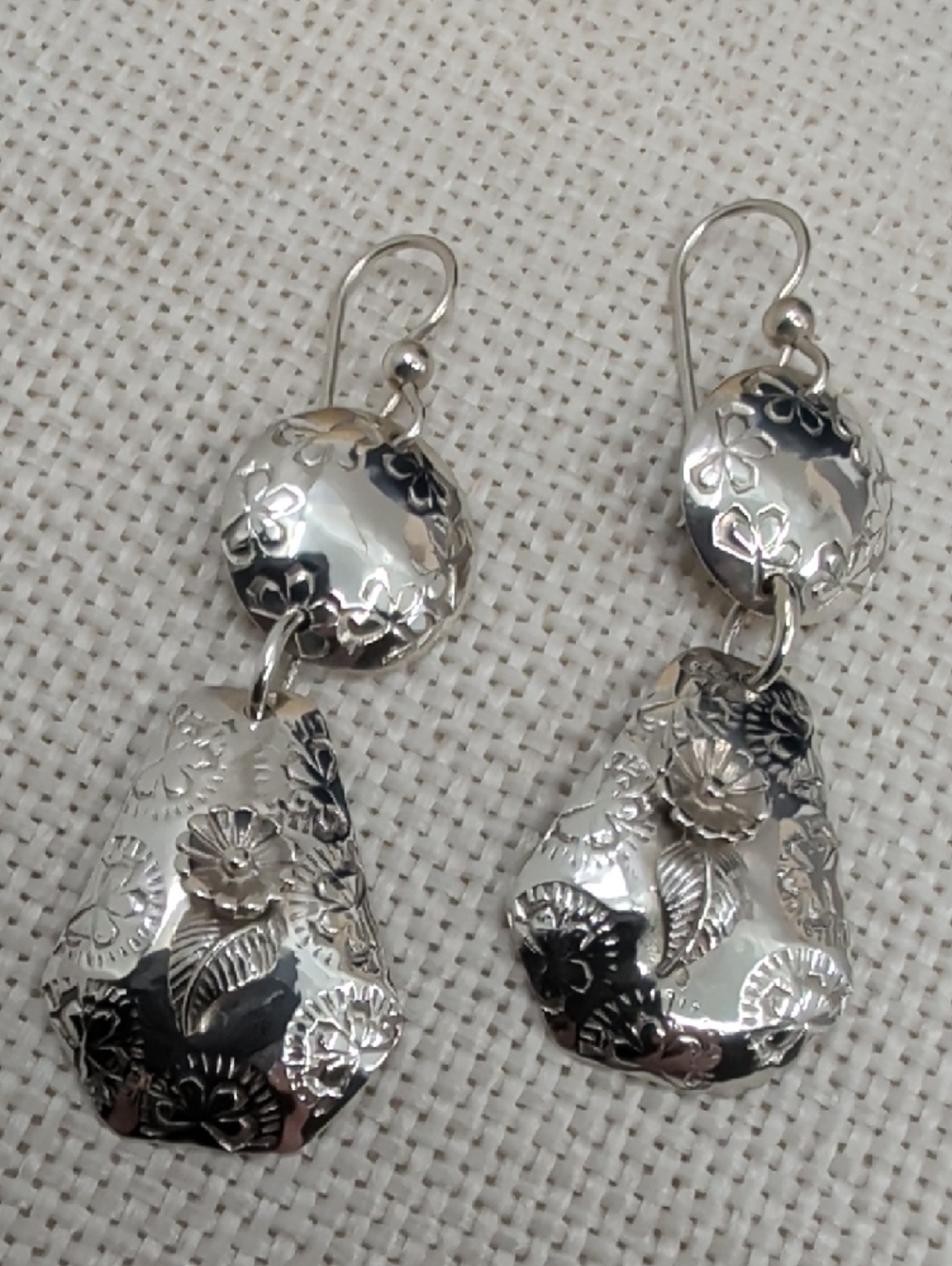Sterling Silver 925 Floral Drop Earrings Florida Keys Artisan BJH Vintage 1990s - Picture 7 of 17
